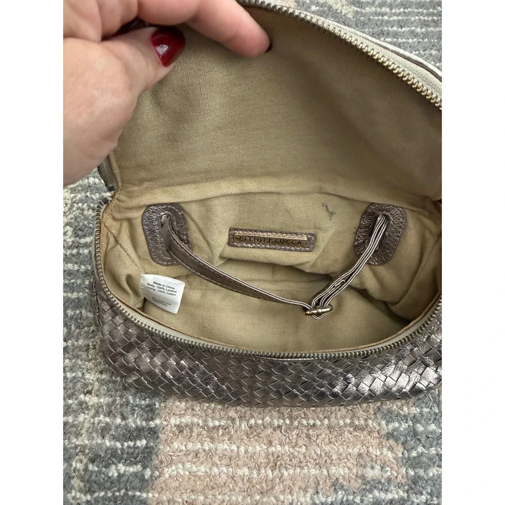 Elliott Lucca Pewter Woven Leather Shoulder Bag Metallic Y2K Tassel
